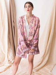 Kurzer Kimono mit Blumendruck, rosa, Baumwolle und Viskose, kurzes Kleid, Kimono, Staubmantel