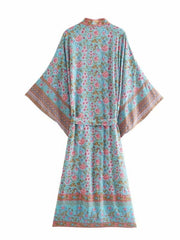 Strandmode Lang Blumendruck Blau Farbe Baumwolle Lange Länge Kleid Kimono Robe