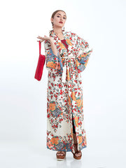 Strandmode Kimono Floral Bohemian Print Beige Farbe Baumwolle Lange Länge Kleid Kimono Duster Robe