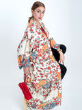 Beachwear Kimono Floral Bohemian Print Beige Color Cotton Long Length Gown Kimono Duster Robe