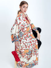 Kimono de playa con estampado floral bohemio, color beige, de algodón, largo hasta el suelo, bata estilo kimono