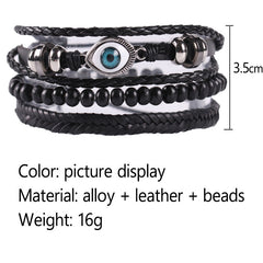 Pulsera de cuero trenzado con ojo malvado, color negro