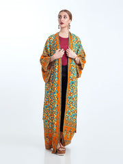 Kimono de playa con estampado floral bohemio, color naranja, de algodón y viscosa, largo hasta el suelo, estilo kimono.