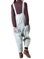 Damen Loose Fit Denim Overall Jumpsuits Weites Bein Taschen Overalls