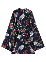 Bata tipo kimono de poliéster con estampado floral, color azul oscuro, de longitud corta