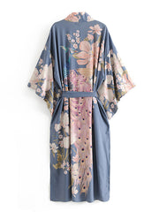 Kimono de fiesta con estampado floral de algodón y viscosa, color laguna azul.