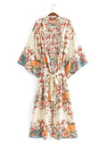 Beachwear Kimono Floral Bohemian Print Beige Color Cotton Long Length Gown Kimono Duster Robe