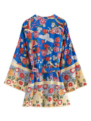 Nachtwäsche mit Blumenmuster und Vogelmuster, kurze Länge, Kimono-Kleid, Staubmantel