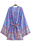 Short Floral Print Purple, Green, & Beige Cotton Short Length Gown Kimono Duster Robe