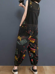 Neun-Punkt-Hose mit Denim-Print und hoher Taille