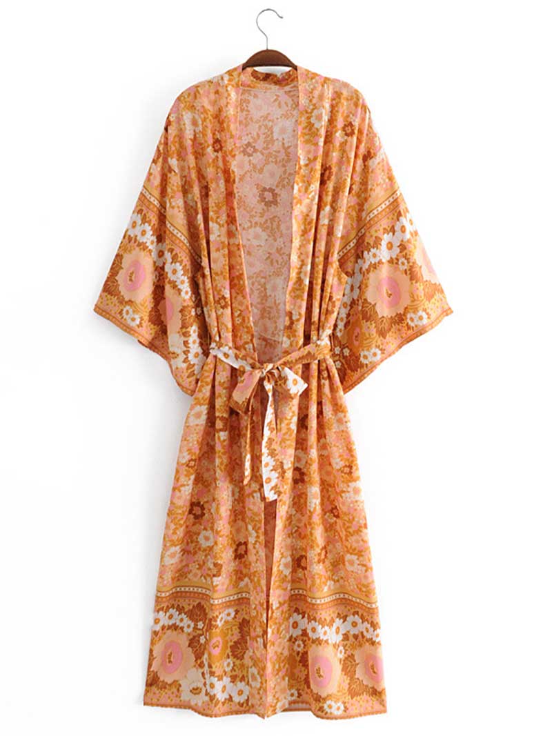 Braut zu sein Blumendruck Orange Farbe Baumwolle langes Kleid Kimono Duster Robe