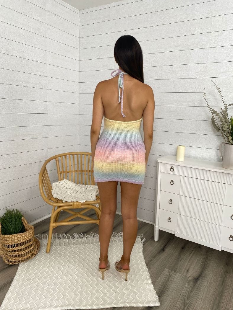 Crochet Knit Rainbow Ombre Halter Mini Dress