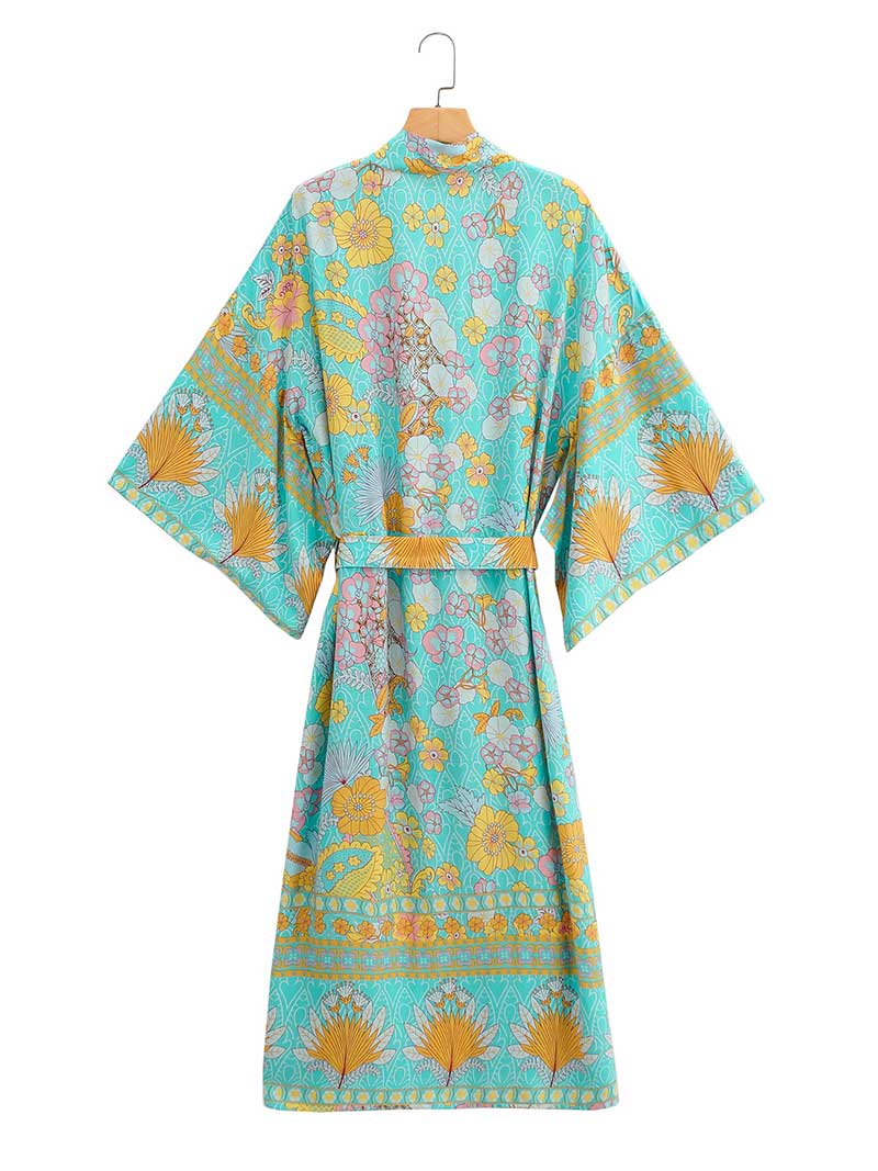 Geburtstagsparty Blumendruck Grün Farbe Baumwolle Langer Kimono Robe