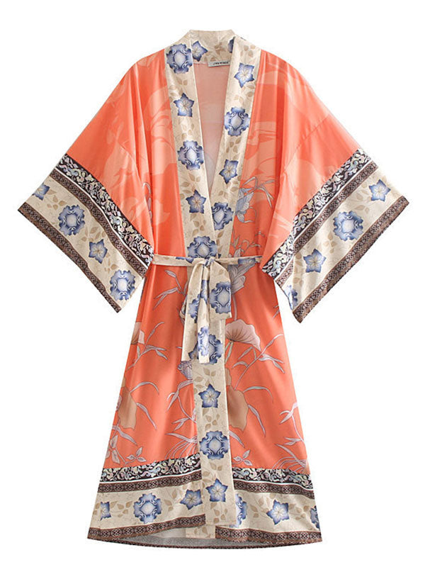 Bata tipo kimono de algodón color naranja, larga, con estampado floral para fiesta