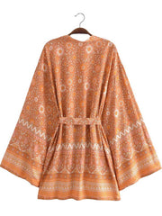 Kimono corto con estampado floral, bata corta de algodón rosa y amarillo