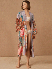 Braut Partywear Polyester Lange Länge Pfau Druck Multicolor Kleid Kimono Duster Robe