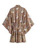 Short Length Rayon Floral Print Coffee Color Gown Kimono Duster Robe