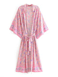 Partywear & Beachwear Floral Print Pink Color Cotton Long Length Gown Kimono Duster Robe