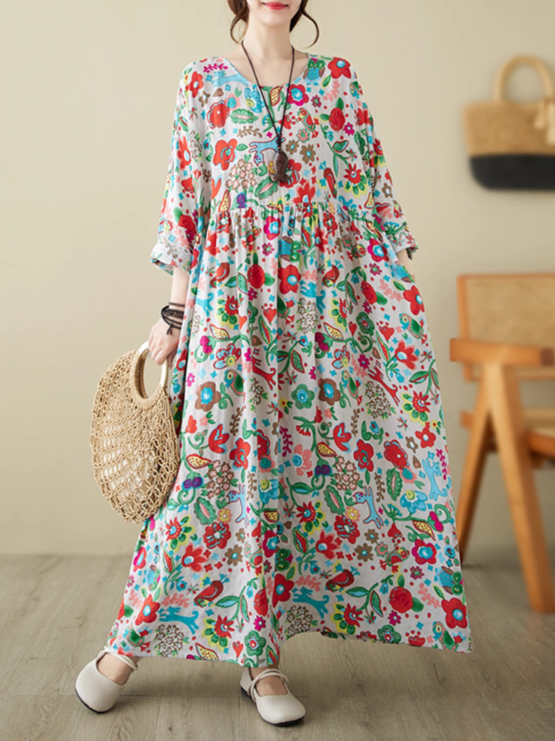 Schickes langärmliges Hängerkleid im Bohemian-Stil mit Blumenmuster