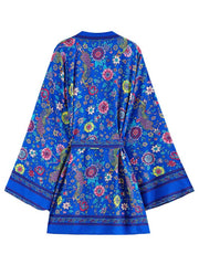 Geburtstagskleidung Baumwolle Blumen Blau Farbe Gedruckt Kimono Kleid Duster Robe