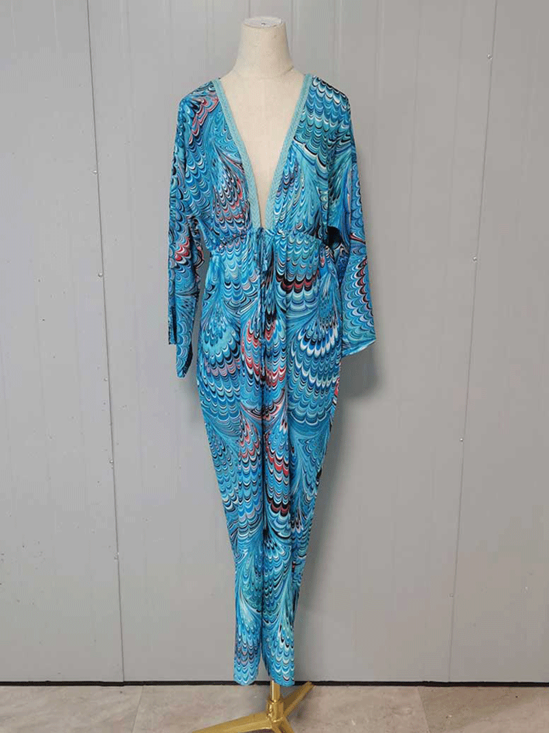 Bedruckter blauer Polyester-Kimono-Staubmantel in langer Länge