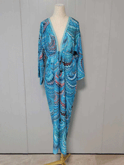 Bedruckter blauer Polyester-Kimono-Staubmantel in langer Länge