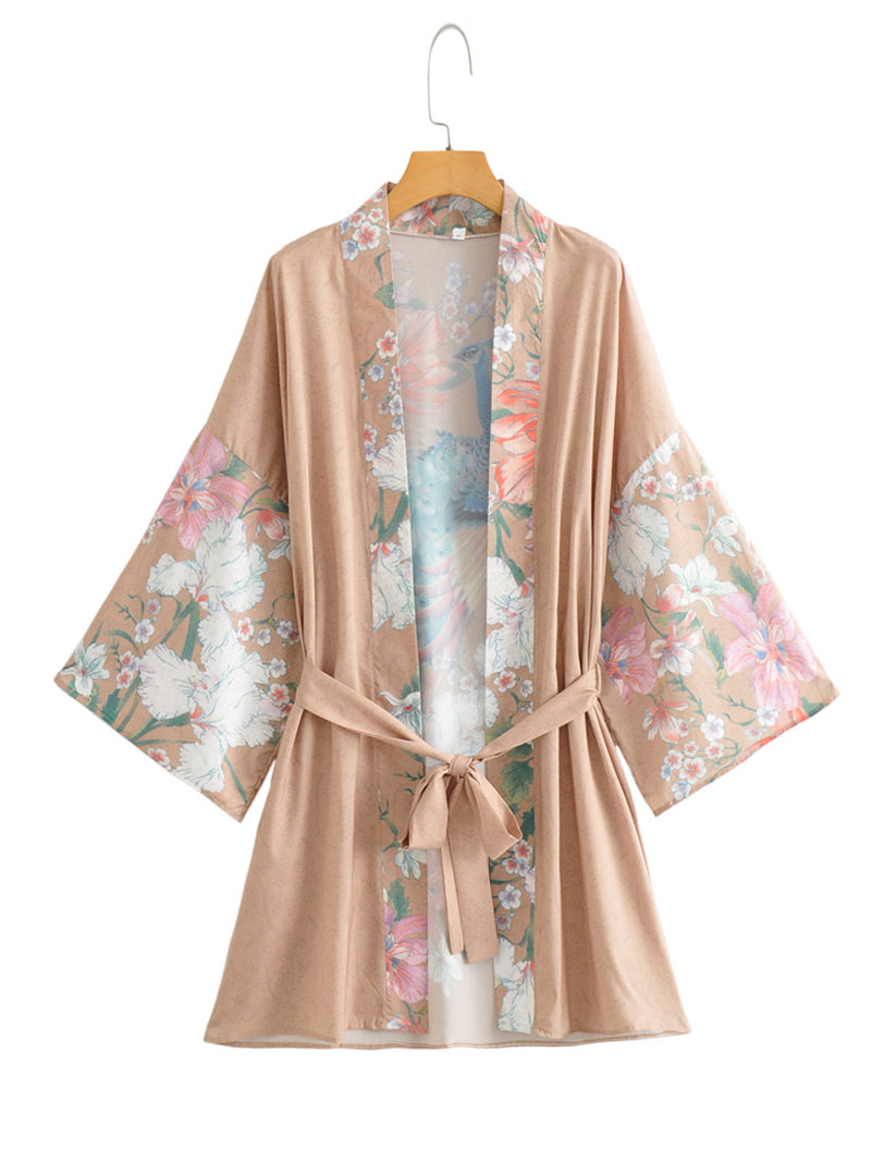 Kurzes Kleid aus Polyester in Khaki mit Blumen- und Pfauenmuster, Kimono-Staubmantel