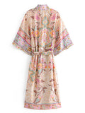 Partywear Cotton Kimono Robe Floral Print Beige Color Long Length Gown Robe Kimono