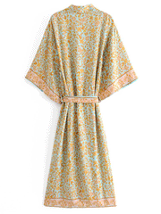 Kimono largo de algodón amarillo con estampado floral para fiesta y playa