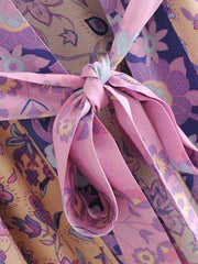 Kimono de playa con estampado floral, color violeta, de algodón, largo hasta el suelo