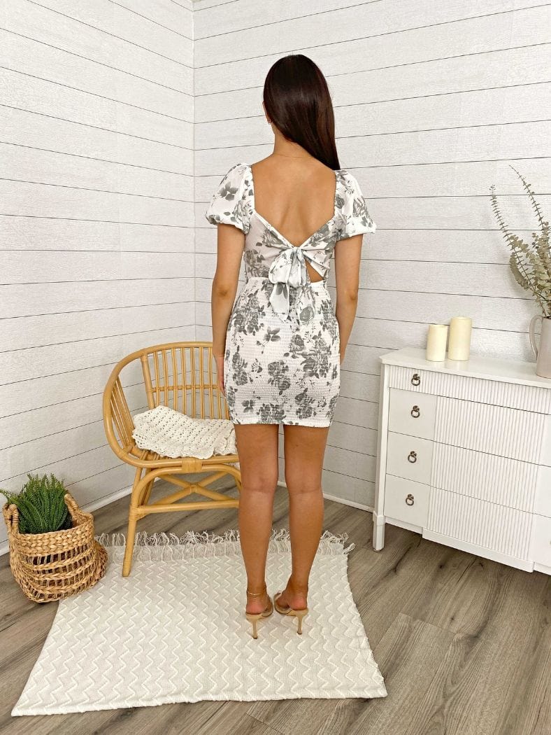 Floral Printed Puff Sleeve Low Back Mini Dress