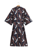 Crane Print With Birds Different Color Polyester Long Length Gown Kimono Duster Robe