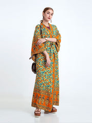 Strandmode Kimono Floral Boho Print Orange Farbe Baumwolle Viskose Langes Kleid Kimono Duster Robe