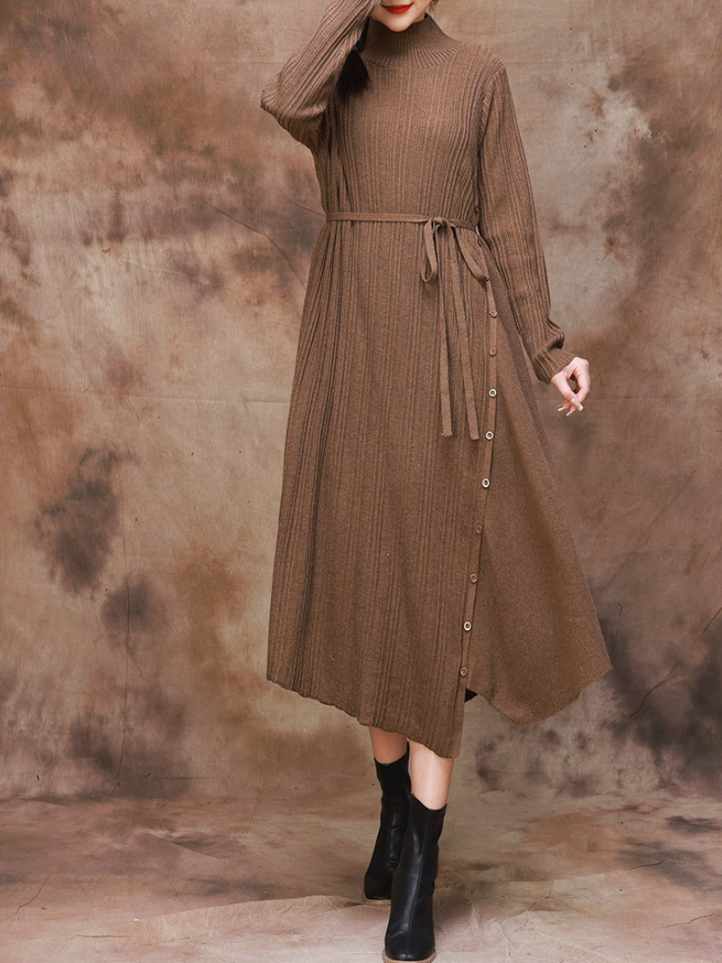 Vestido de corte A con cuello de color liso y cinturón fino para mujer