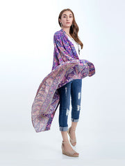 Kimono largo de algodón morado con estampado floral para playa y fiesta