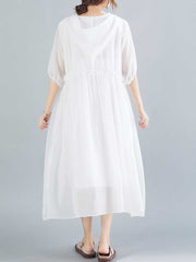 Plain Cotton Short Sleeves Hooded Style A-Line Dress