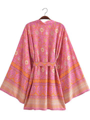 Kimono corto con estampado floral, bata corta de algodón rosa y amarillo