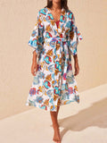 Swimwear Birds, Fish With Leaf Print Blue Color Cotton Long Length Gown Kimono