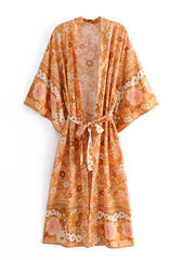 Braut zu sein Blumendruck Orange Farbe Baumwolle langes Kleid Kimono Duster Robe