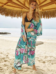 Kimono largo de playa con estampado floral, color verde, rayón, largo completo, bata tipo kimono