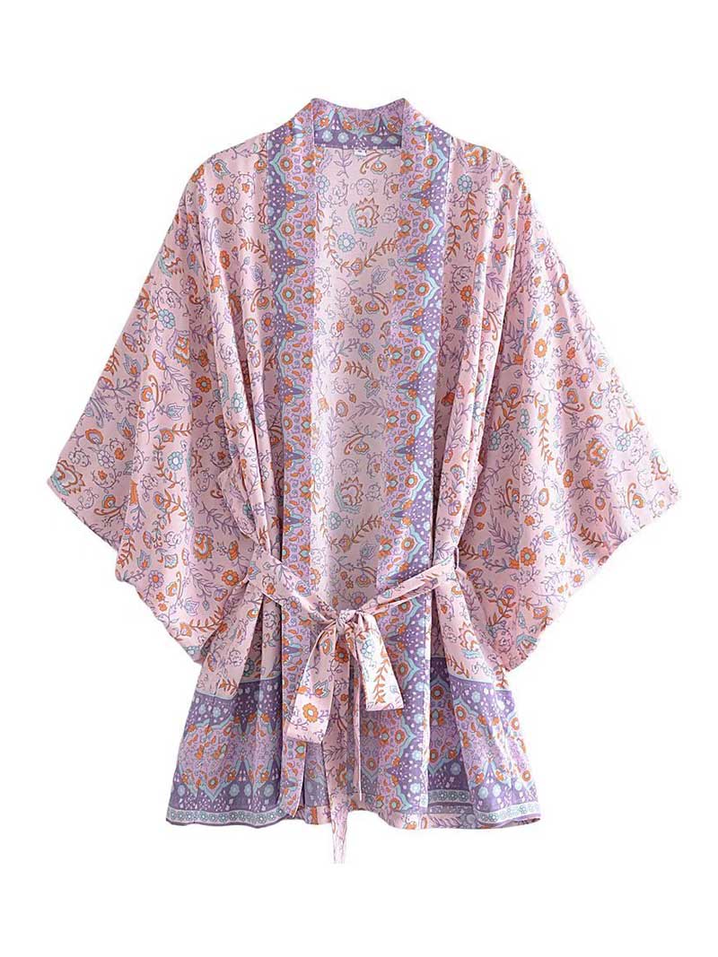 Short Floral Print Brown, Purple and Orange Color Cotton Short Length Gown Kimono Duster Robe