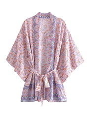 Short Floral Print Brown, Purple and Orange Color Cotton Short Length Gown Kimono Duster Robe