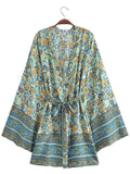 Short Floral Print Purple, Green, & Beige Cotton Short Length Gown Kimono Duster Robe