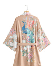 Kurzes Kleid aus Polyester in Khaki mit Blumen- und Pfauenmuster, Kimono-Staubmantel