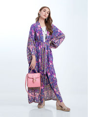 Kimono largo de algodón morado con estampado floral para playa y fiesta