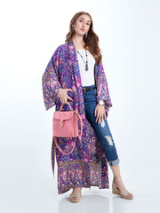 Kimono largo de algodón morado con estampado floral para playa y fiesta