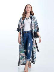 Strandmode Baumwolle Lange Länge Blumen mit Vögeln Print Blau, Weiß &amp; Grün Farbe Kleid Kimono Duster Robe