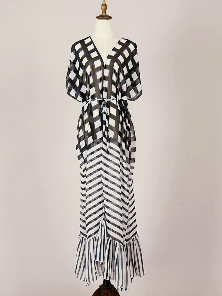 Bedrucktes schwarzes Chiffon-Langkleid Kimono Duster Robe