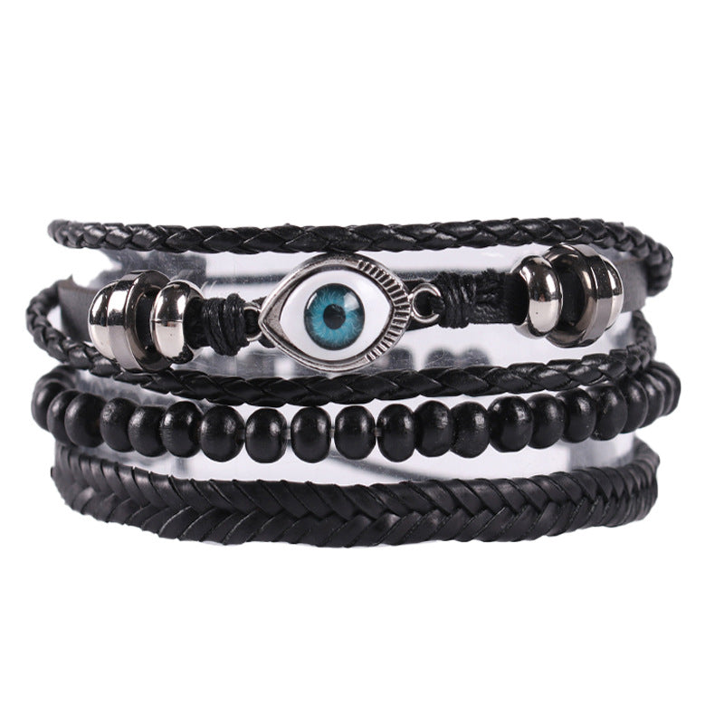 Pulsera de cuero trenzado con ojo malvado, color negro