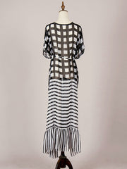 Bedrucktes schwarzes Chiffon-Langkleid Kimono Duster Robe